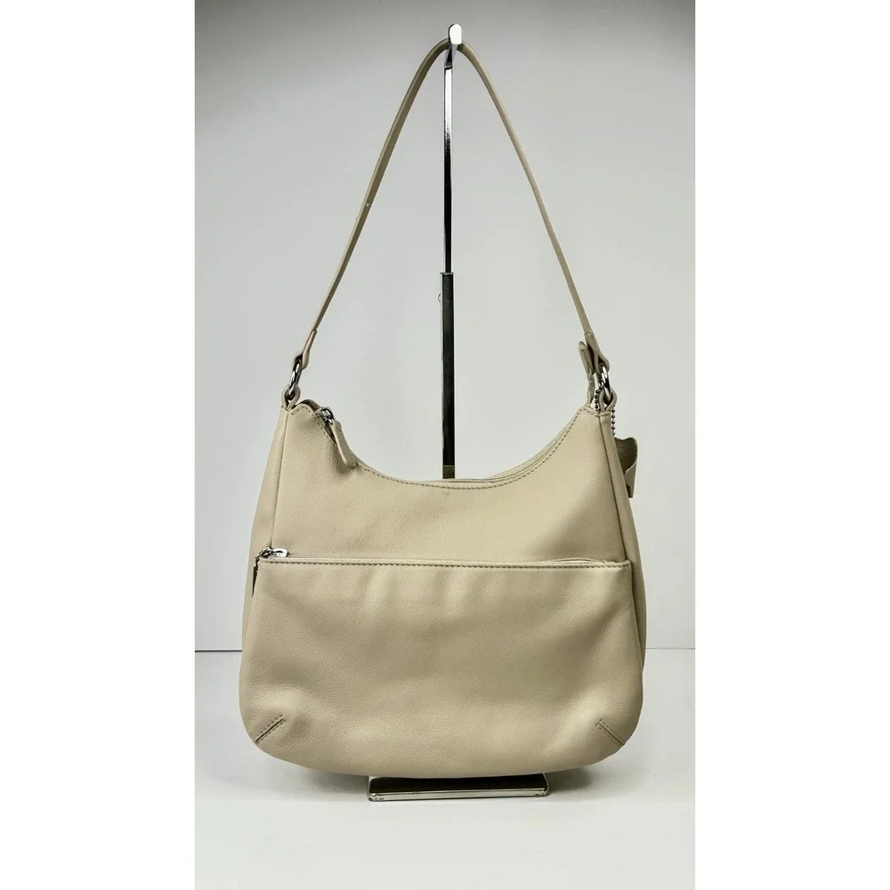 Giani Bernini Nappa Leather Hobo Beige Shoulder Zip Top Handbag Bag Silver Purse